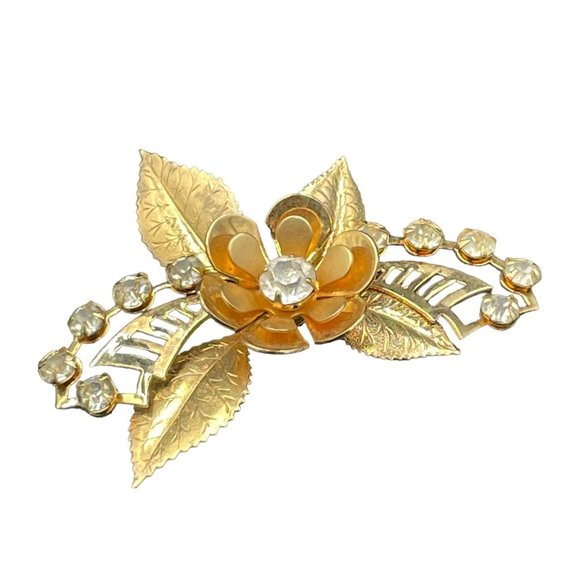 Estate Jewelry - Vintage Clear Rhinestone Crystal Flower Gold Tone Brooch Pin 2.5”